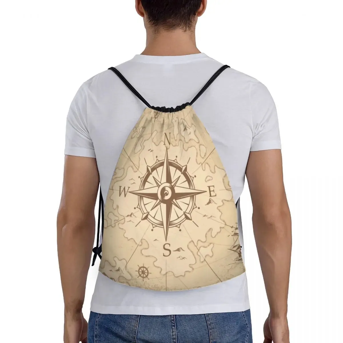 Custom Vintage Pirate's Map Drawstring Backpack Women Men Sport Gym Sackpack Foldable Nautical Compass Sailor Training Bag Sack