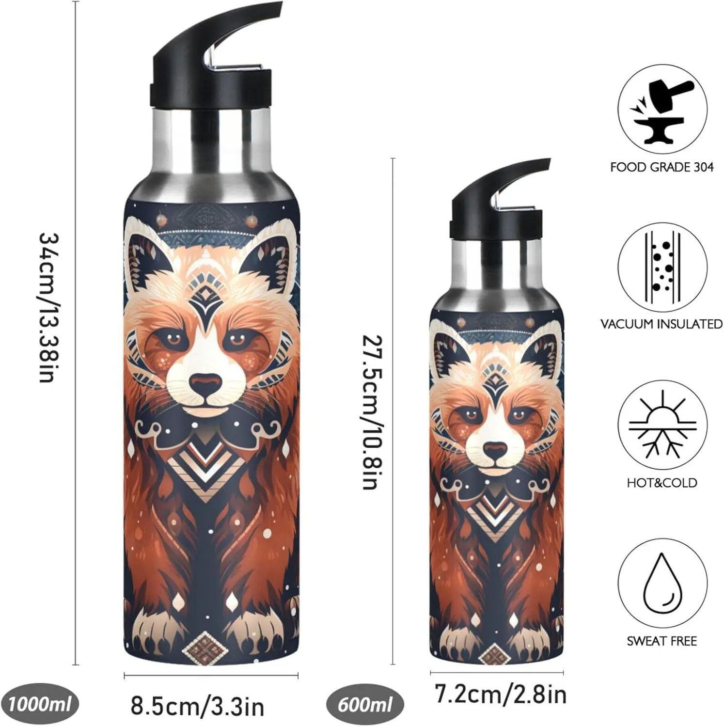 Cute Red Panda Sport Water Bottle Insulated Stainless Steel Large Vacuum Flask Leak Proof Thermos with Straw for Travel(600ml/1000ml)