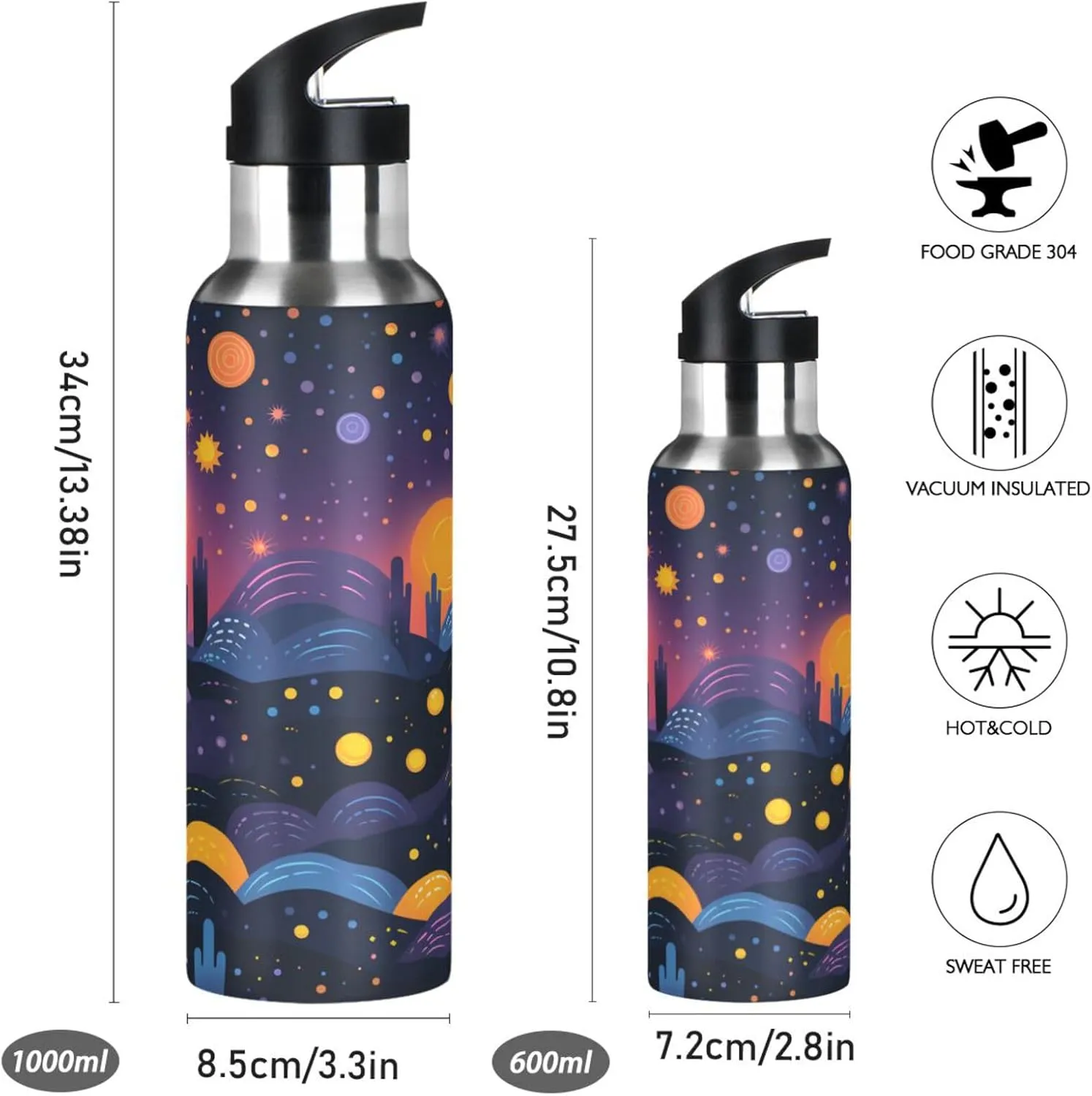 Cute Space Art Moon Sport Water Bottle Insulated Stainless Steel Large Vacuum Flask Leak Proof Thermos with Straw for Travel(600ml/1000ml)