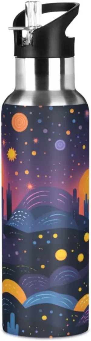 Cute Space Art Moon Sport Water Bottle Insulated Stainless Steel Large Vacuum Flask Leak Proof Thermos with Straw for Travel(600ml/1000ml)