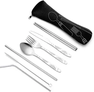 Cutlery Set, 7 Pieces, Stainless Steel, Includes Forks, Spoons, Chopsticks & Straws, Portable, Silver