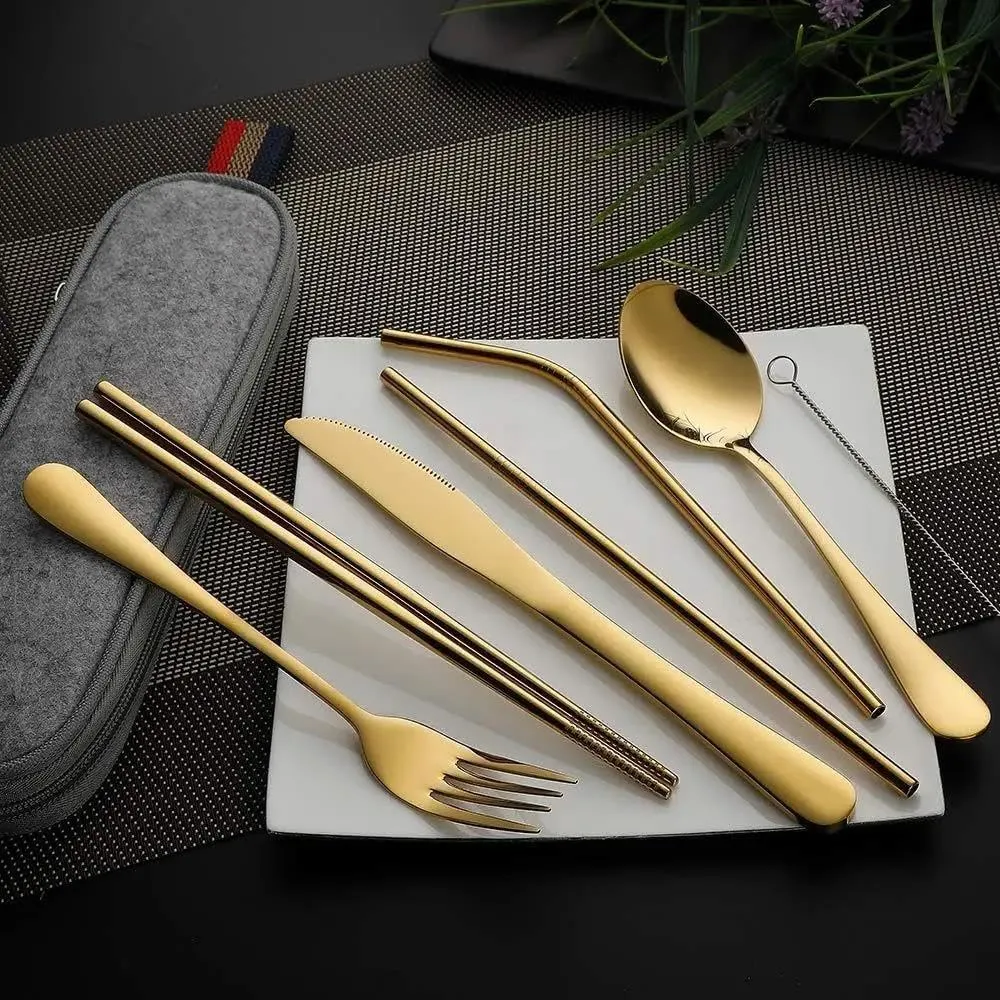 Cutlery Set 8Pcs Set Tableware Reusable Travel Cutlery Set Camp Stainless Steel Utensils Set With Portable Case A