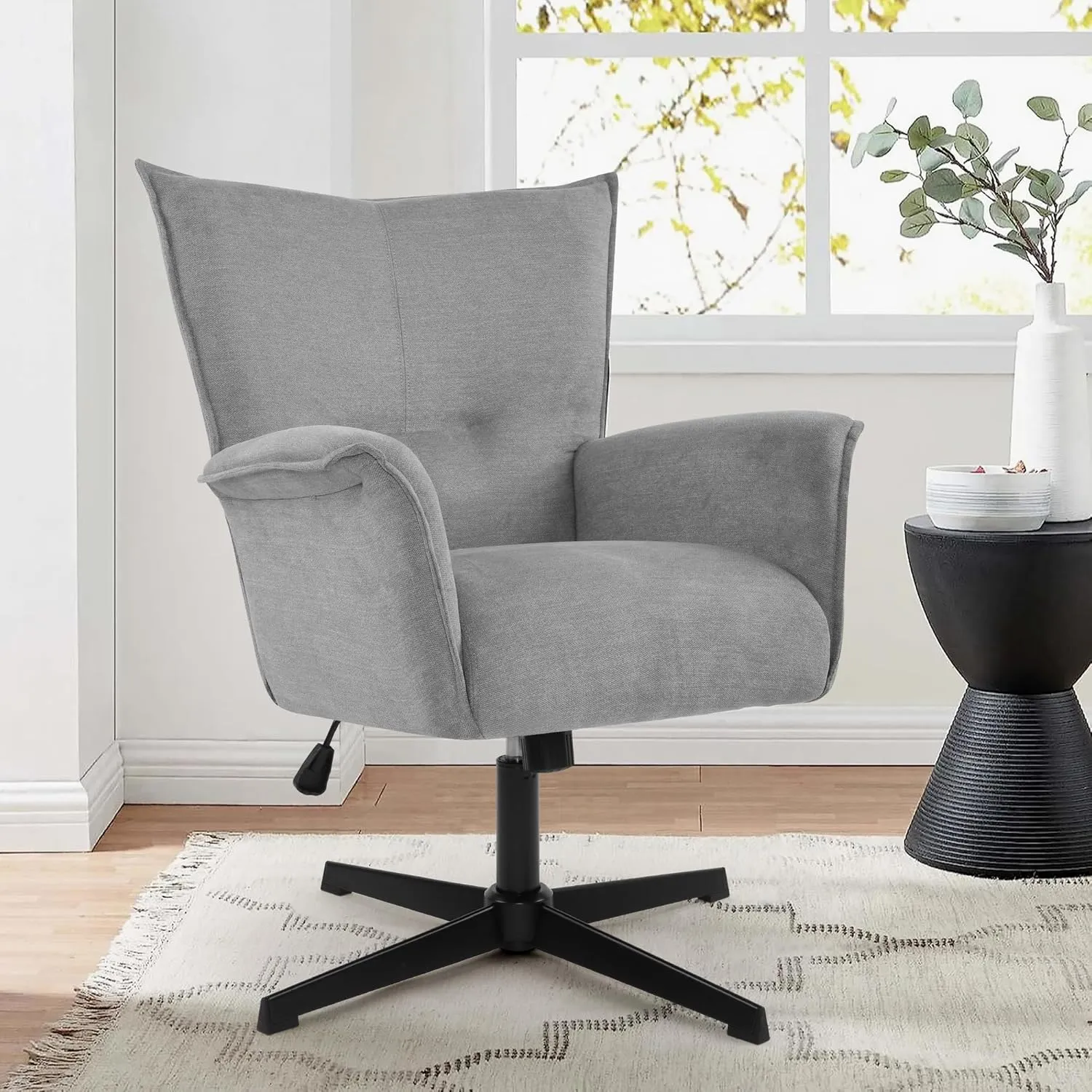 DAGONHIL Home Office Desk Chair No Wheels Armchair Linen Fabric Swivel Chair High-Back Wide Seat Upholstered Accent Chair with Metal Legs Computer Chair, Grey