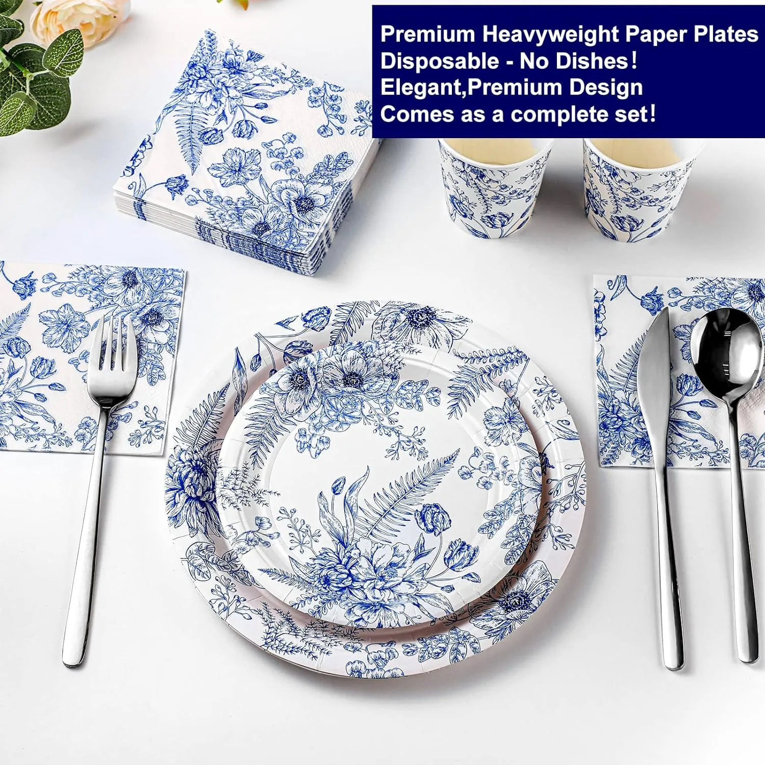 Dandat 250 Pcs Blue Disposable Plates and Napkins Floral Tableware Set for 50 Guests Disposable Plates Napkins Cups for Wedding Baby Bridal Shower Party Supplies (Flower)