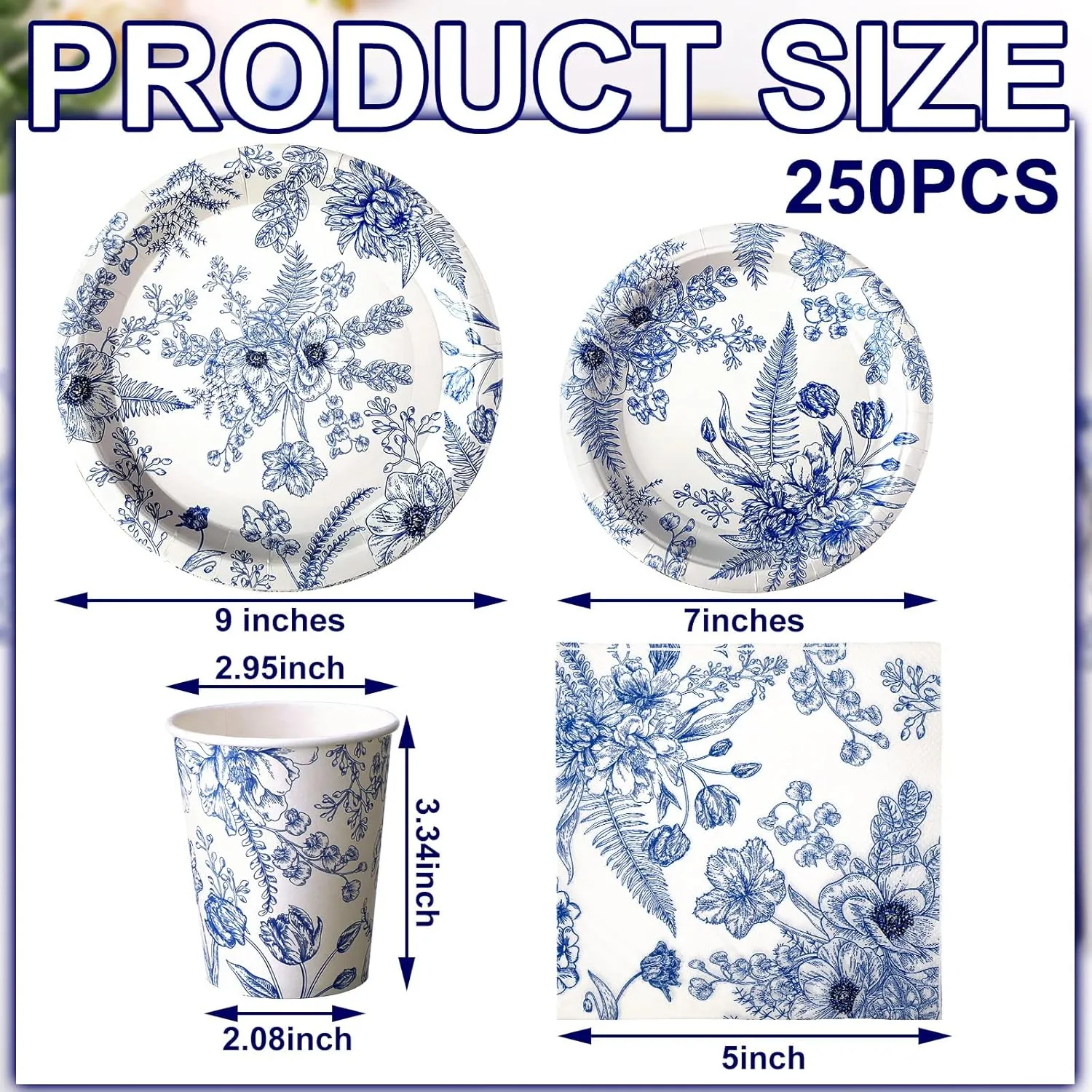 Dandat 250 Pcs Blue Disposable Plates and Napkins Floral Tableware Set for 50 Guests Disposable Plates Napkins Cups for Wedding Baby Bridal Shower Party Supplies (Flower)