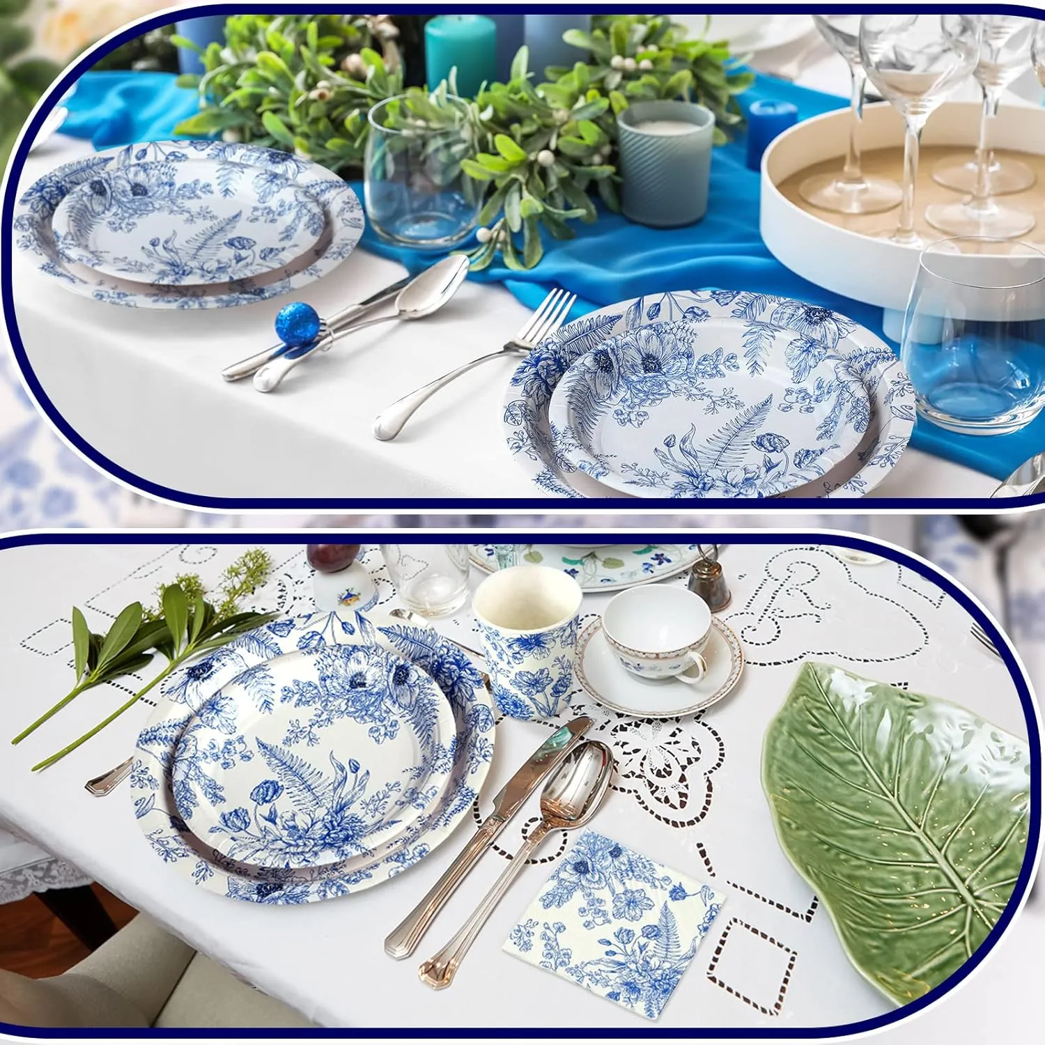 Dandat 250 Pcs Blue Disposable Plates and Napkins Floral Tableware Set for 50 Guests Disposable Plates Napkins Cups for Wedding Baby Bridal Shower Party Supplies (Flower)