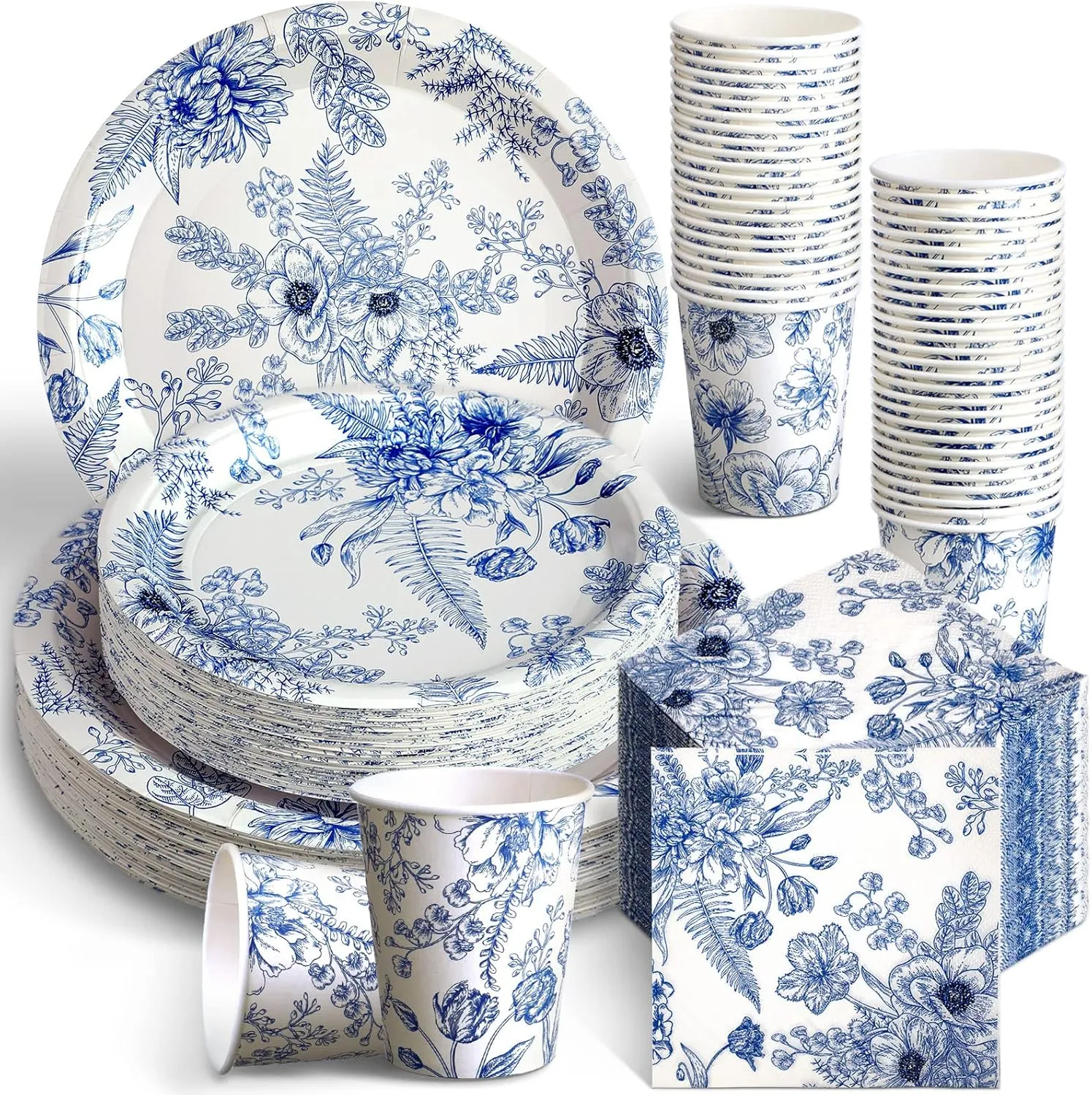 Dandat 250 Pcs Blue Disposable Plates and Napkins Floral Tableware Set for 50 Guests Disposable Plates Napkins Cups for Wedding Baby Bridal Shower Party Supplies (Flower)
