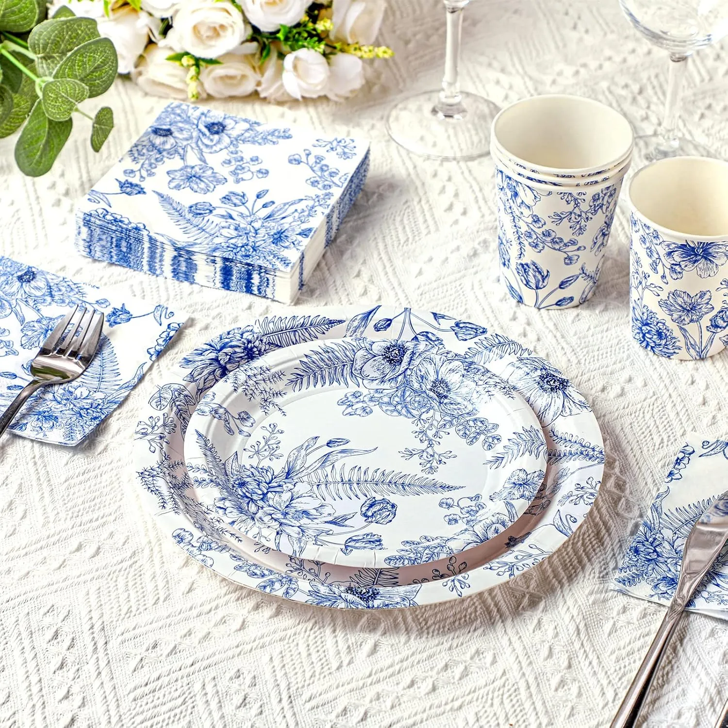 Dandat 250 Pcs Blue Disposable Plates and Napkins Floral Tableware Set for 50 Guests Disposable Plates Napkins Cups for Wedding Baby Bridal Shower Party Supplies (Flower)