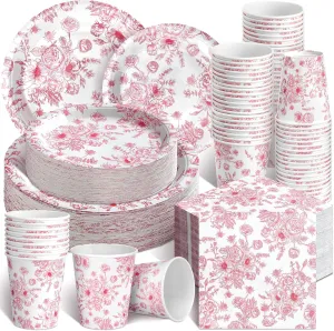 Dandat 250 Pcs Pink Disposable Plates and Napkins Floral Tableware Set for 50 Guests Disposable Plates Napkins Cups for Wedding Baby Bridal Shower Party Supplies (Wildflower)