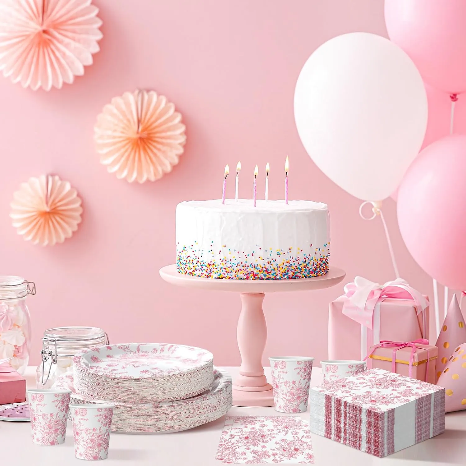 Dandat 250 Pcs Pink Disposable Plates and Napkins Floral Tableware Set for 50 Guests Disposable Plates Napkins Cups for Wedding Baby Bridal Shower Party Supplies (Wildflower)