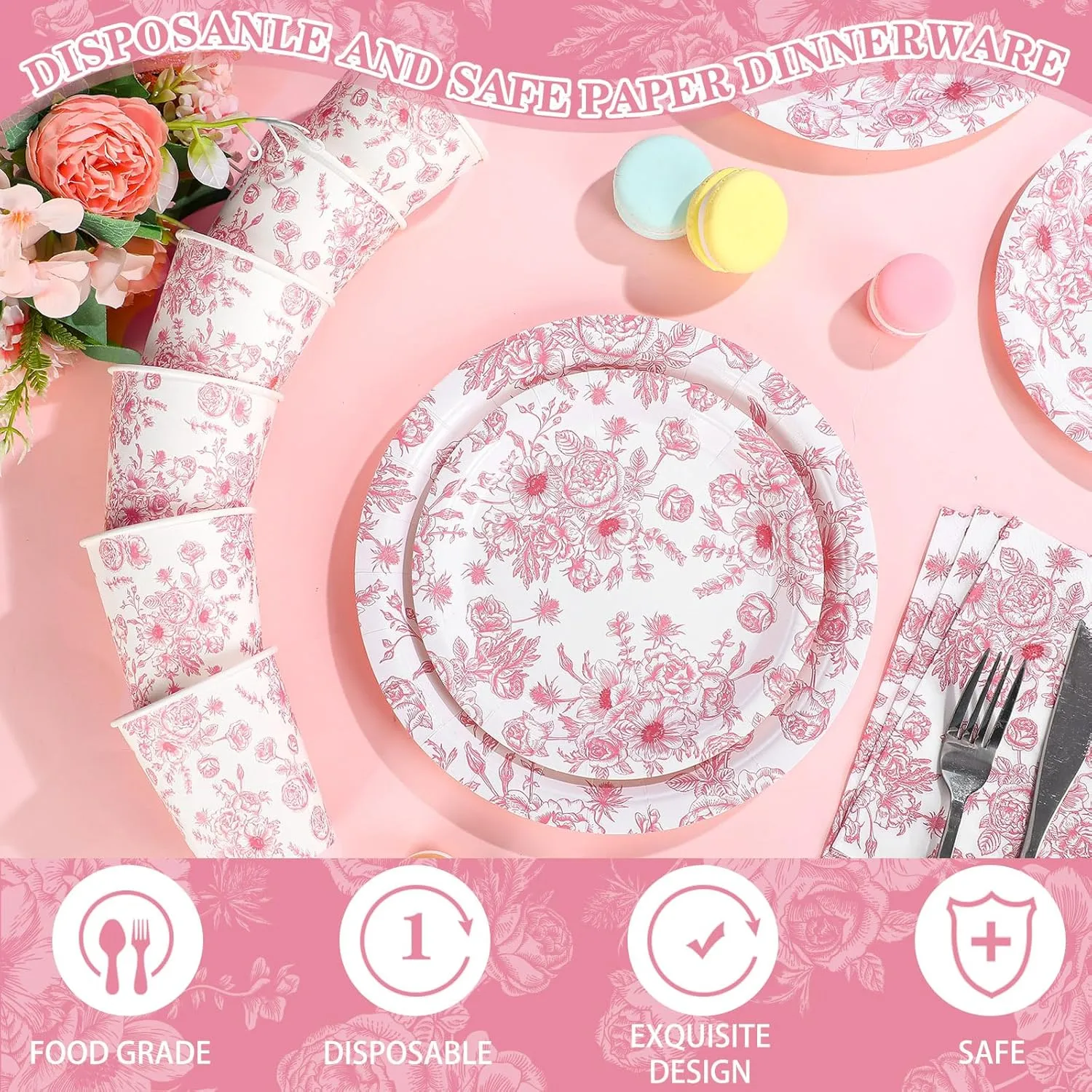Dandat 250 Pcs Pink Disposable Plates and Napkins Floral Tableware Set for 50 Guests Disposable Plates Napkins Cups for Wedding Baby Bridal Shower Party Supplies (Wildflower)
