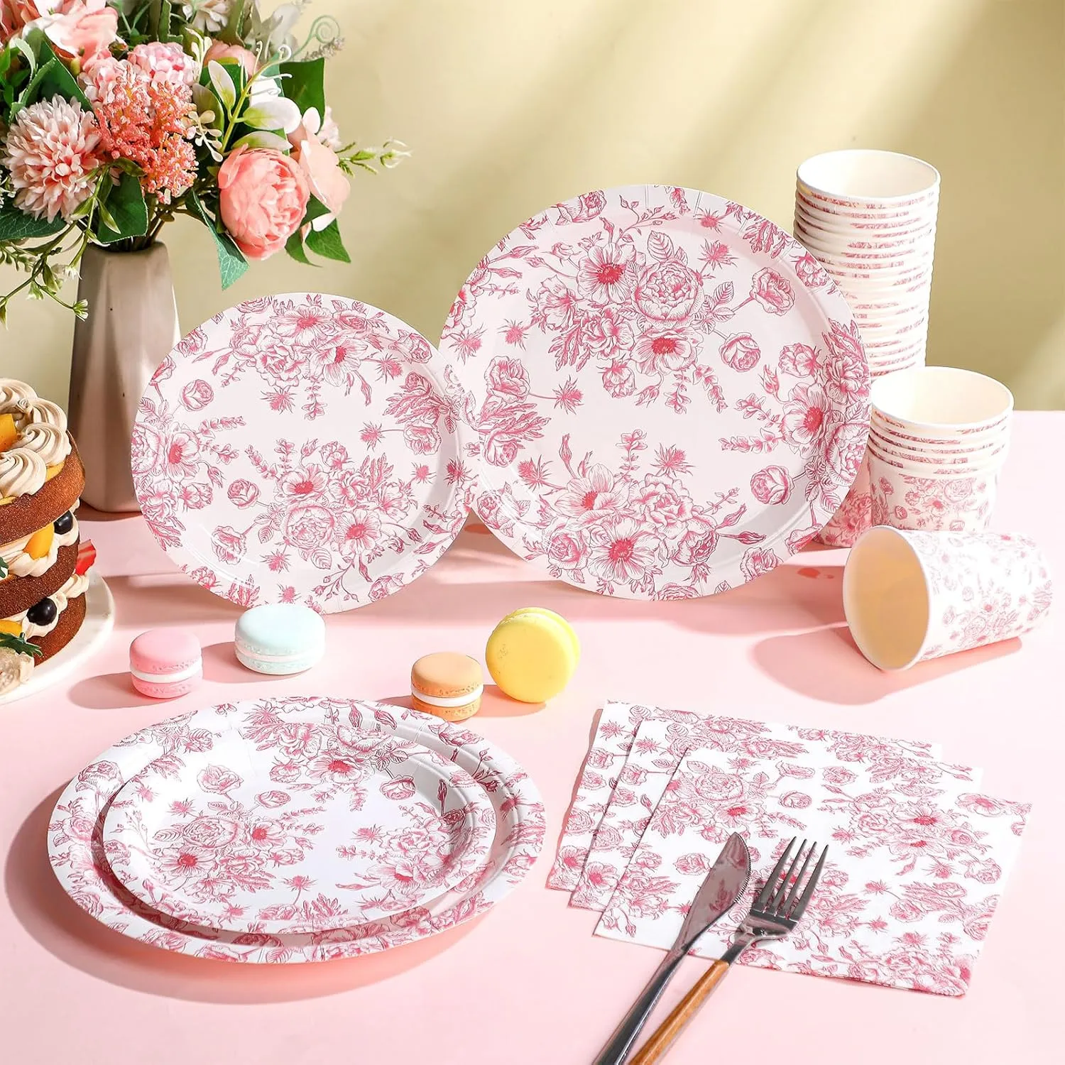 Dandat 250 Pcs Pink Disposable Plates and Napkins Floral Tableware Set for 50 Guests Disposable Plates Napkins Cups for Wedding Baby Bridal Shower Party Supplies (Wildflower)