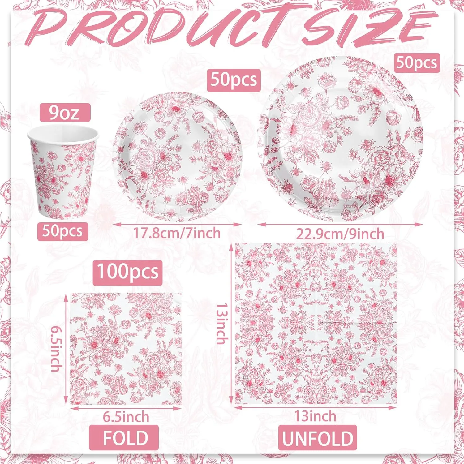 Dandat 250 Pcs Pink Disposable Plates and Napkins Floral Tableware Set for 50 Guests Disposable Plates Napkins Cups for Wedding Baby Bridal Shower Party Supplies (Wildflower)