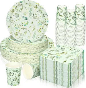 Dandat 250 Pcs White Lace Disposable Tableware Set Paper Plates Napkins Cups Vintage Party Supplies Disposable Paper Plates and Napkins Set for Wedding Bridal Shower Party Supplies(Green,Eucalyptus)