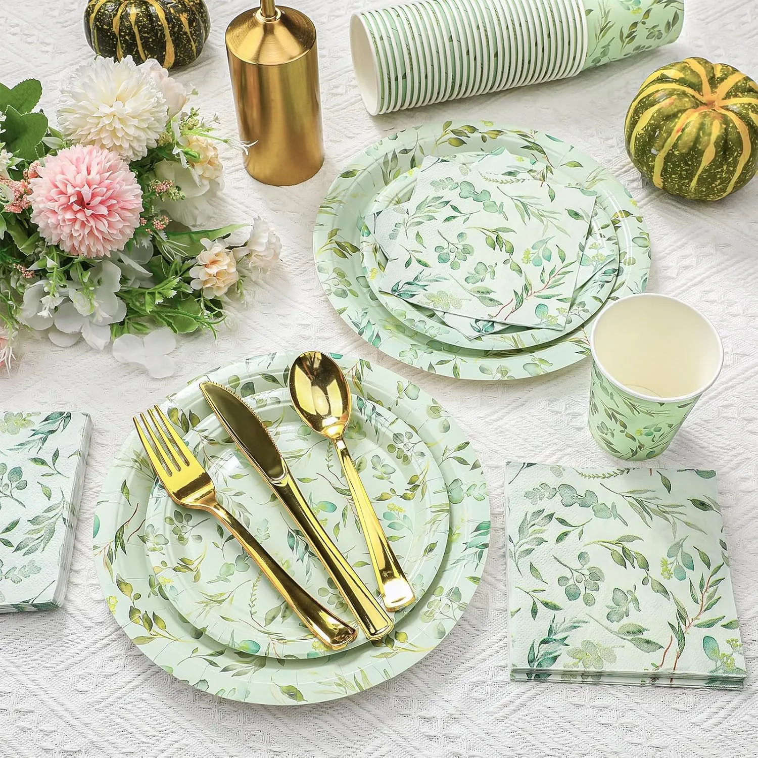 Dandat 250 Pcs White Lace Disposable Tableware Set Paper Plates Napkins Cups Vintage Party Supplies Disposable Paper Plates and Napkins Set for Wedding Bridal Shower Party Supplies(Green,Eucalyptus)