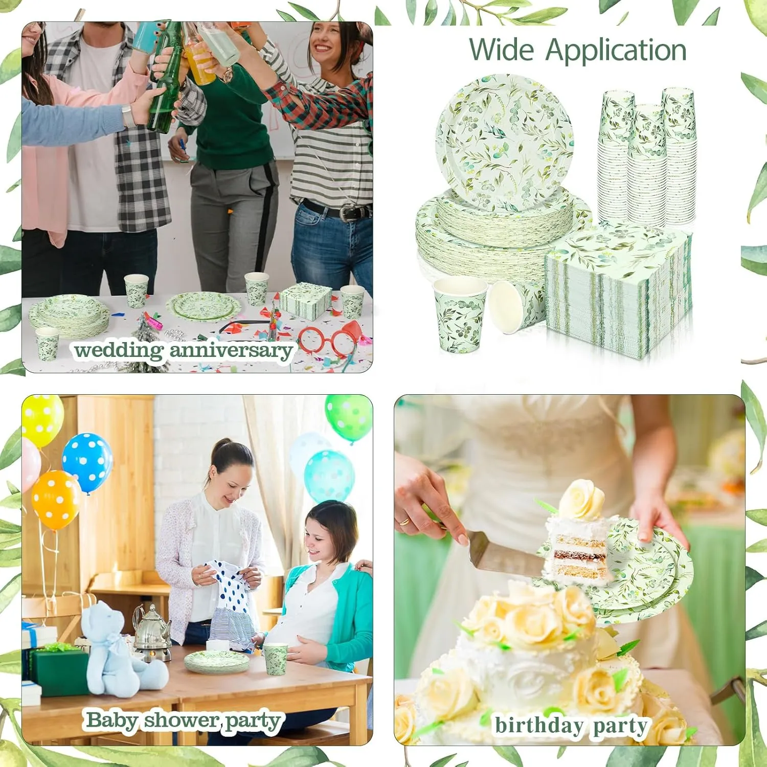 Dandat 250 Pcs White Lace Disposable Tableware Set Paper Plates Napkins Cups Vintage Party Supplies Disposable Paper Plates and Napkins Set for Wedding Bridal Shower Party Supplies(Green,Eucalyptus)