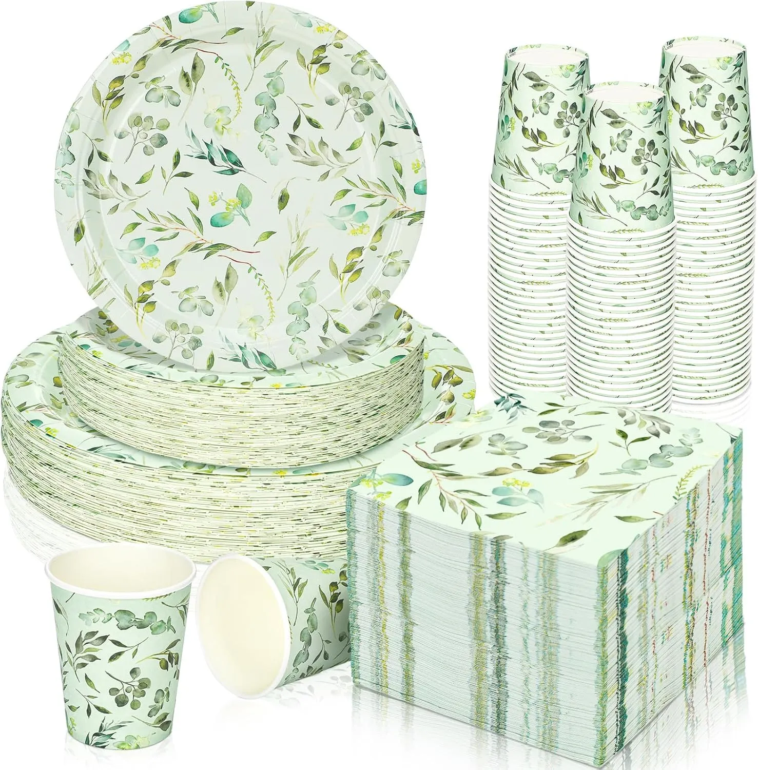 Dandat 250 Pcs White Lace Disposable Tableware Set Paper Plates Napkins Cups Vintage Party Supplies Disposable Paper Plates and Napkins Set for Wedding Bridal Shower Party Supplies(Green,Eucalyptus)