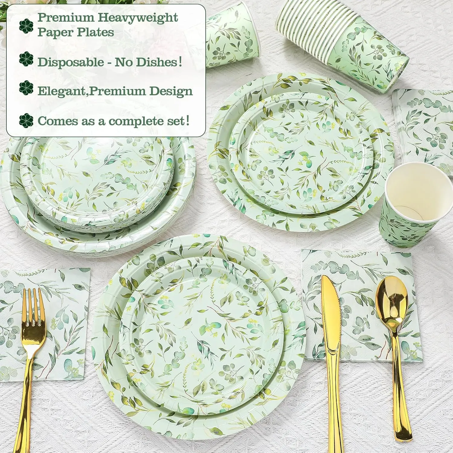 Dandat 250 Pcs White Lace Disposable Tableware Set Paper Plates Napkins Cups Vintage Party Supplies Disposable Paper Plates and Napkins Set for Wedding Bridal Shower Party Supplies(Green,Eucalyptus)