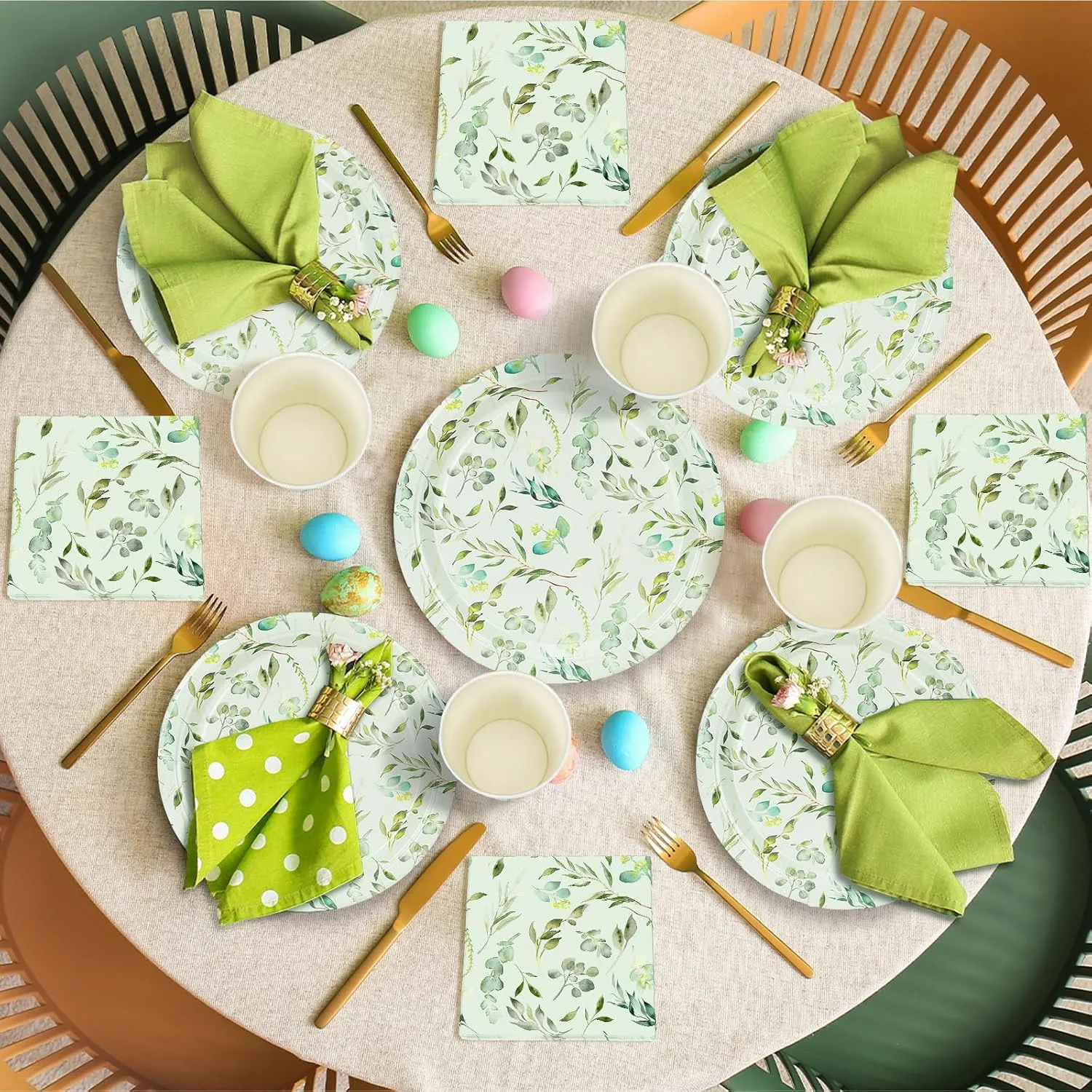 Dandat 250 Pcs White Lace Disposable Tableware Set Paper Plates Napkins Cups Vintage Party Supplies Disposable Paper Plates and Napkins Set for Wedding Bridal Shower Party Supplies(Green,Eucalyptus)