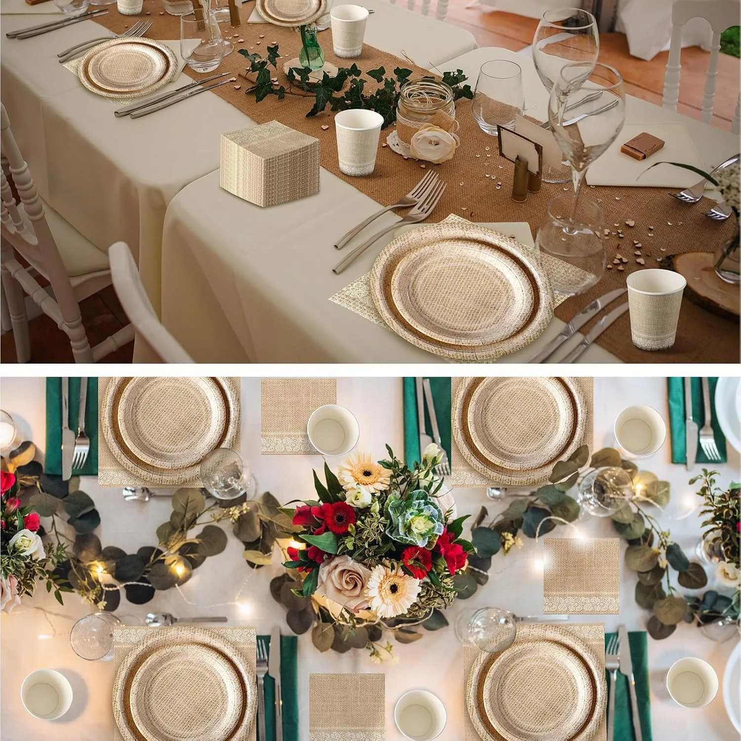 Dandat 250 Pcs White Lace Disposable Tableware Set Paper Plates Napkins Cups Vintage Party Supplies Disposable Paper Plates and Napkins Set for Wedding Bridal Shower Party Supplies(White,Lace)
