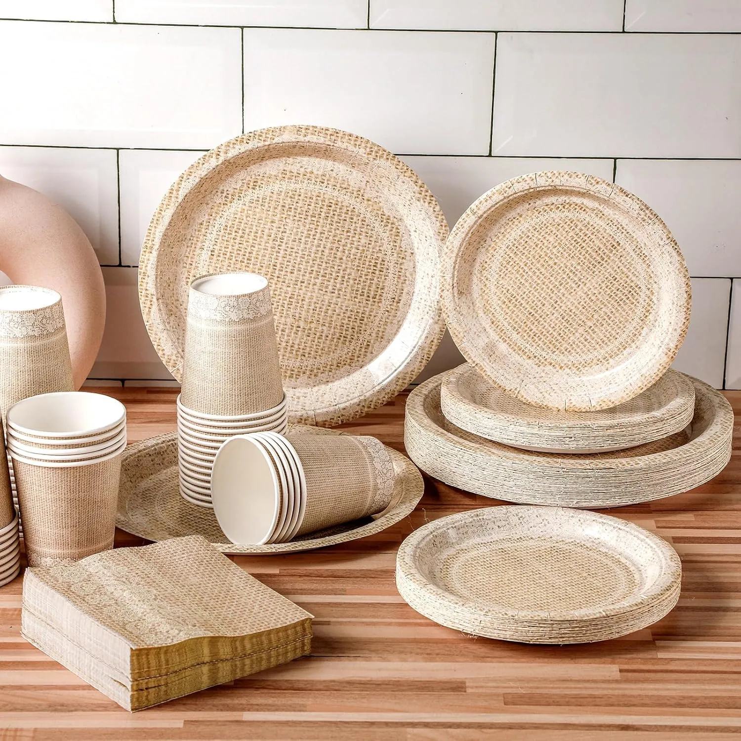 Dandat 250 Pcs White Lace Disposable Tableware Set Paper Plates Napkins Cups Vintage Party Supplies Disposable Paper Plates and Napkins Set for Wedding Bridal Shower Party Supplies(White,Lace)
