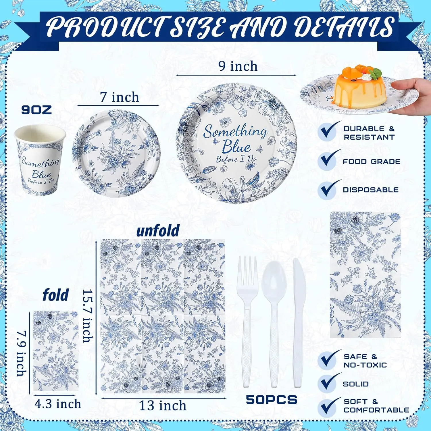 Dandat 402 Pcs Blue Something Floral Disposable Tableware Set Serve 50 Baby Shower Party Decoration Bridal Shower Party Supplies Plates Napkins Plastic Tablecloths for Wedding Birthday Decoration