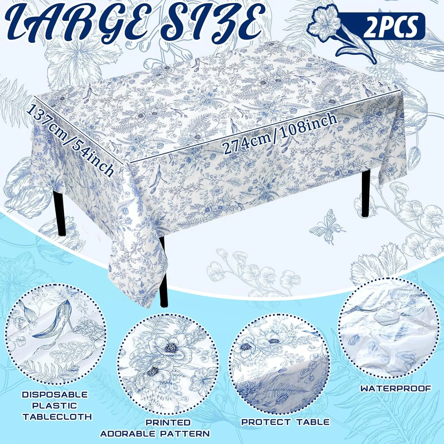 Dandat 402 Pcs Blue Something Floral Disposable Tableware Set Serve 50 Baby Shower Party Decoration Bridal Shower Party Supplies Plates Napkins Plastic Tablecloths for Wedding Birthday Decoration