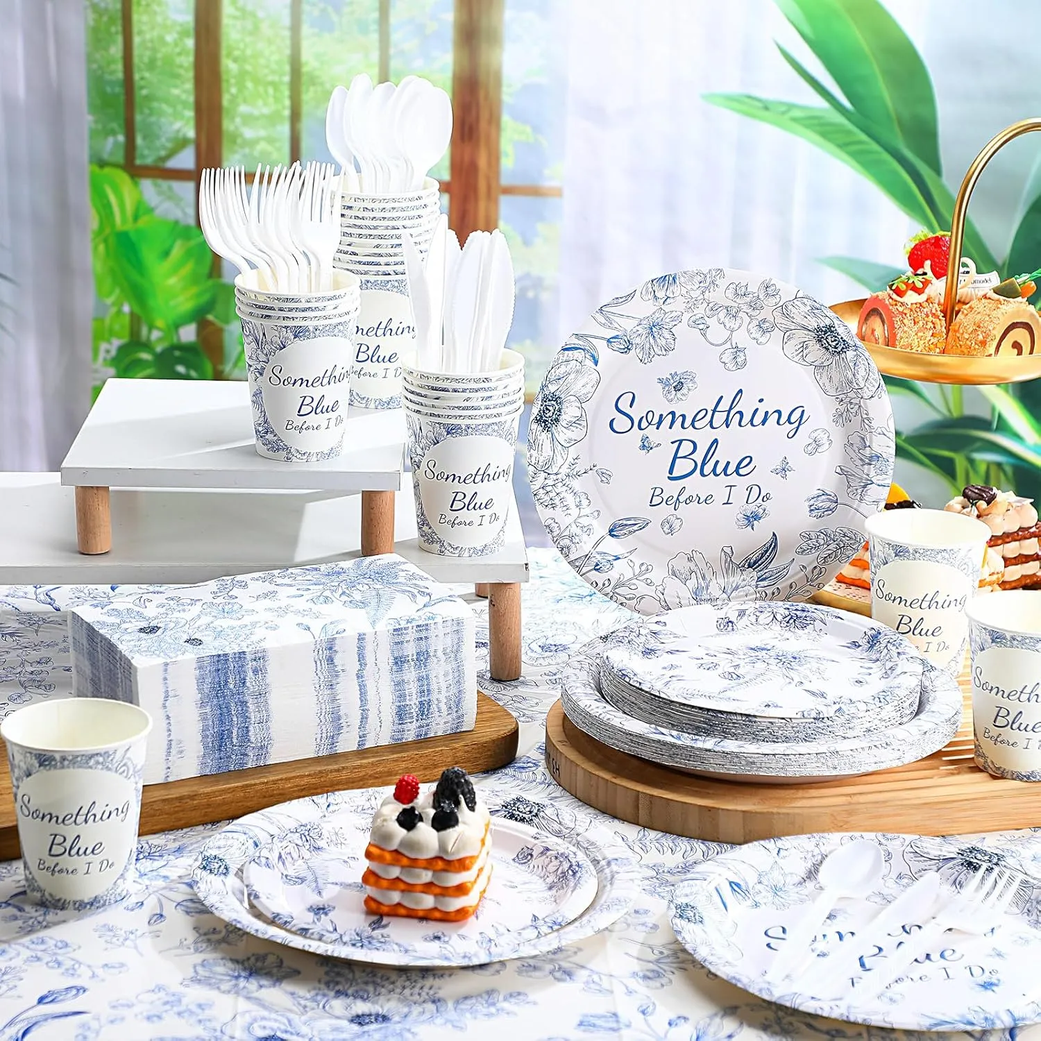 Dandat 402 Pcs Blue Something Floral Disposable Tableware Set Serve 50 Baby Shower Party Decoration Bridal Shower Party Supplies Plates Napkins Plastic Tablecloths for Wedding Birthday Decoration
