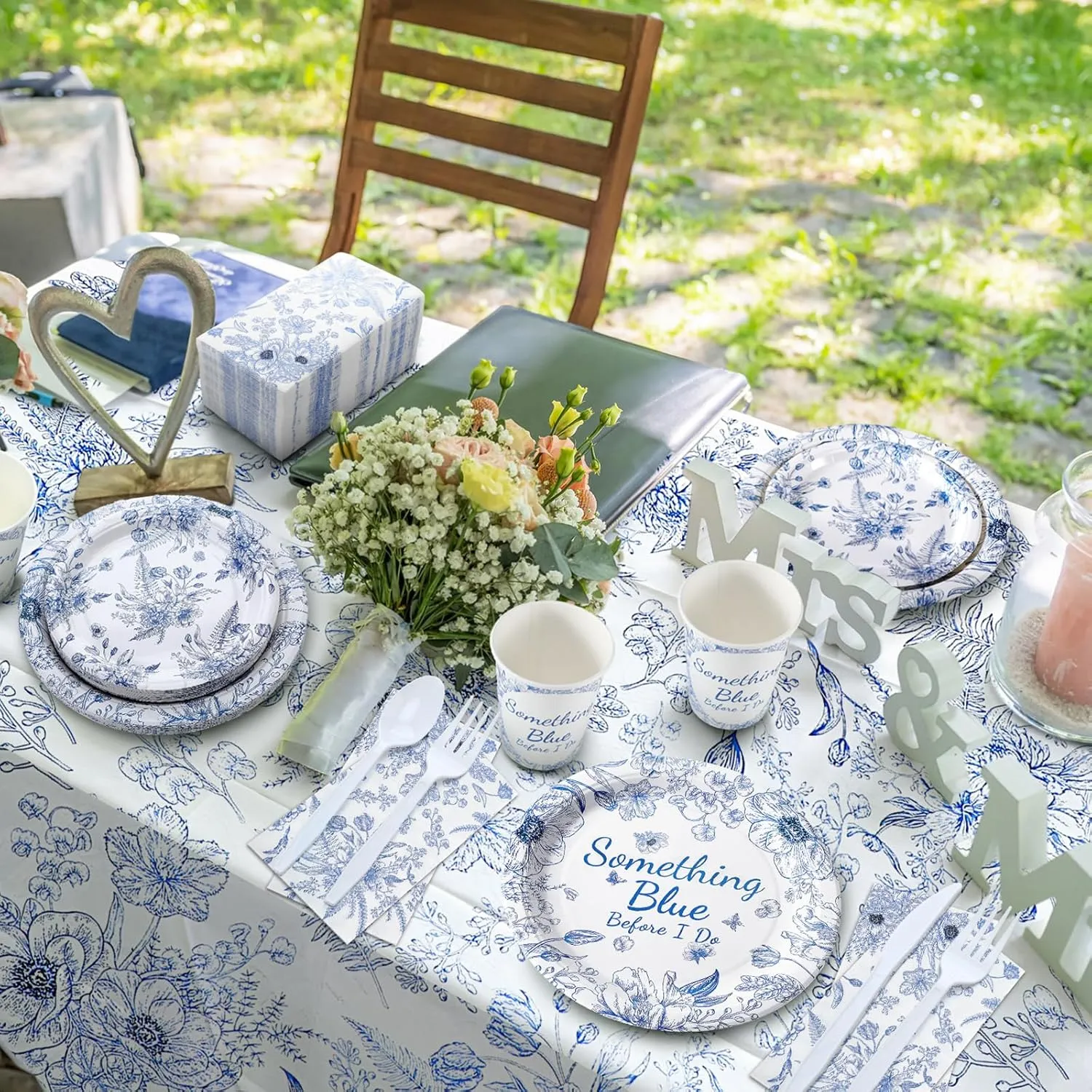 Dandat 402 Pcs Blue Something Floral Disposable Tableware Set Serve 50 Baby Shower Party Decoration Bridal Shower Party Supplies Plates Napkins Plastic Tablecloths for Wedding Birthday Decoration