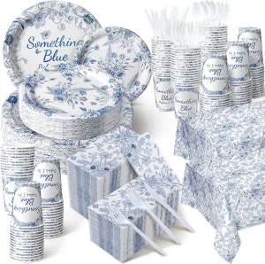 Dandat 402 Pcs Blue Something Floral Disposable Tableware Set Serve 50 Baby Shower Party Decoration Bridal Shower Party Supplies Plates Napkins Plastic Tablecloths for Wedding Birthday Decoration