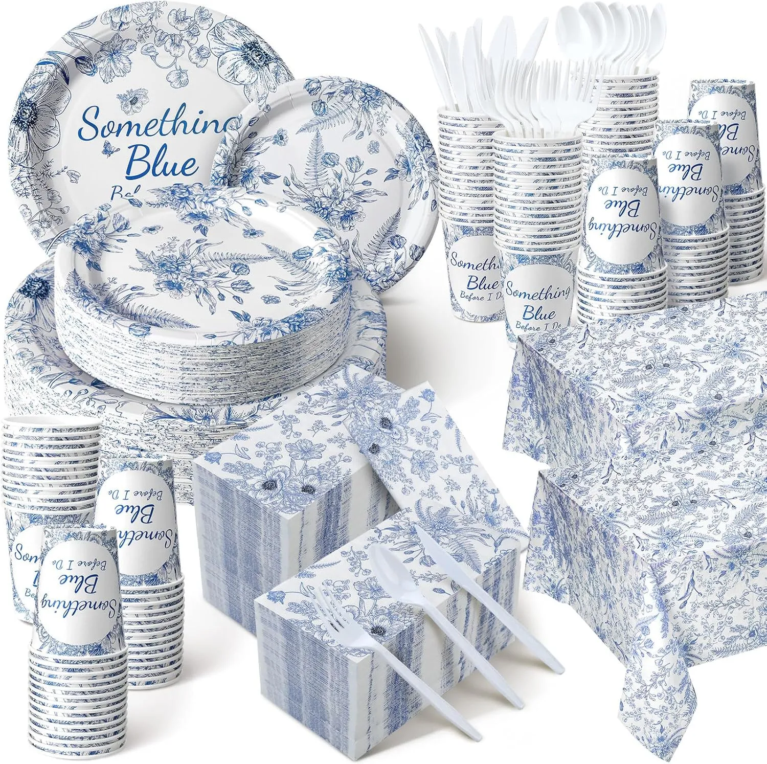 Dandat 402 Pcs Blue Something Floral Disposable Tableware Set Serve 50 Baby Shower Party Decoration Bridal Shower Party Supplies Plates Napkins Plastic Tablecloths for Wedding Birthday Decoration