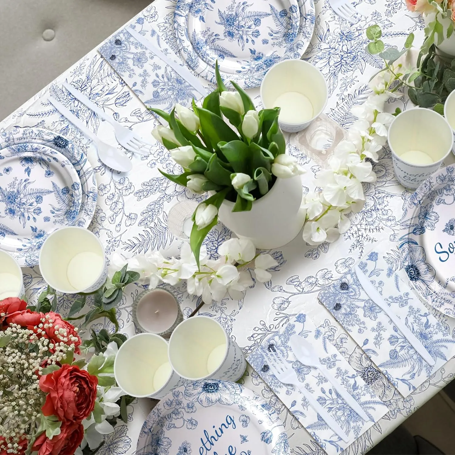 Dandat 402 Pcs Blue Something Floral Disposable Tableware Set Serve 50 Baby Shower Party Decoration Bridal Shower Party Supplies Plates Napkins Plastic Tablecloths for Wedding Birthday Decoration
