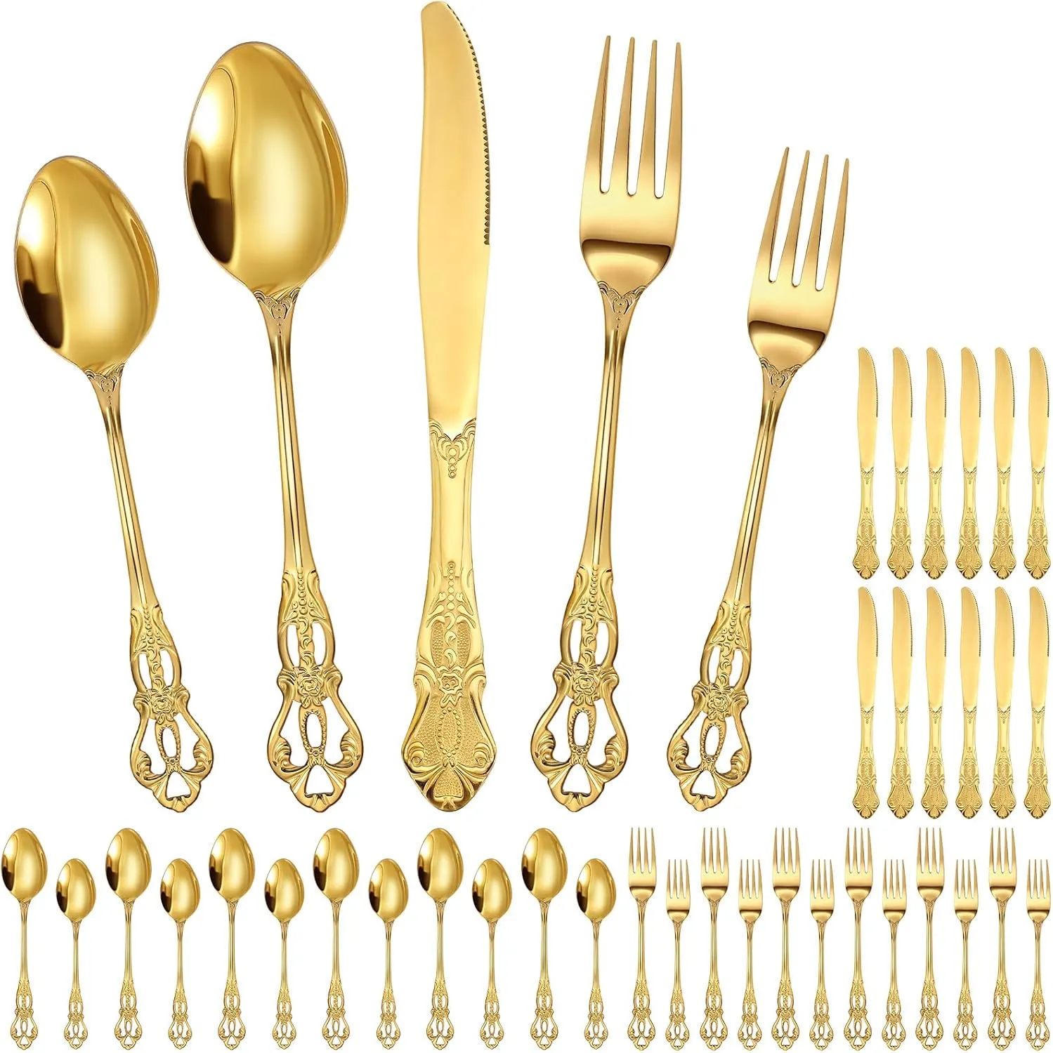 Dandat 60 Pcs Silverware Set Service for 12, Stainless Steel Retro Royal Flatware Tableware Cutlery Utensils Set Including Fork Spoon and Knife for Home Kitchen Restaurant Wedding(Gold)