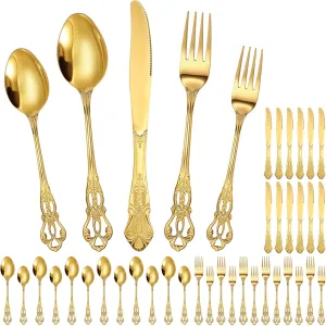 Dandat 60 Pcs Silverware Set Service for 12, Stainless Steel Retro Royal Flatware Tableware Cutlery Utensils Set Including Fork Spoon and Knife for Home Kitchen Restaurant Wedding(Gold)