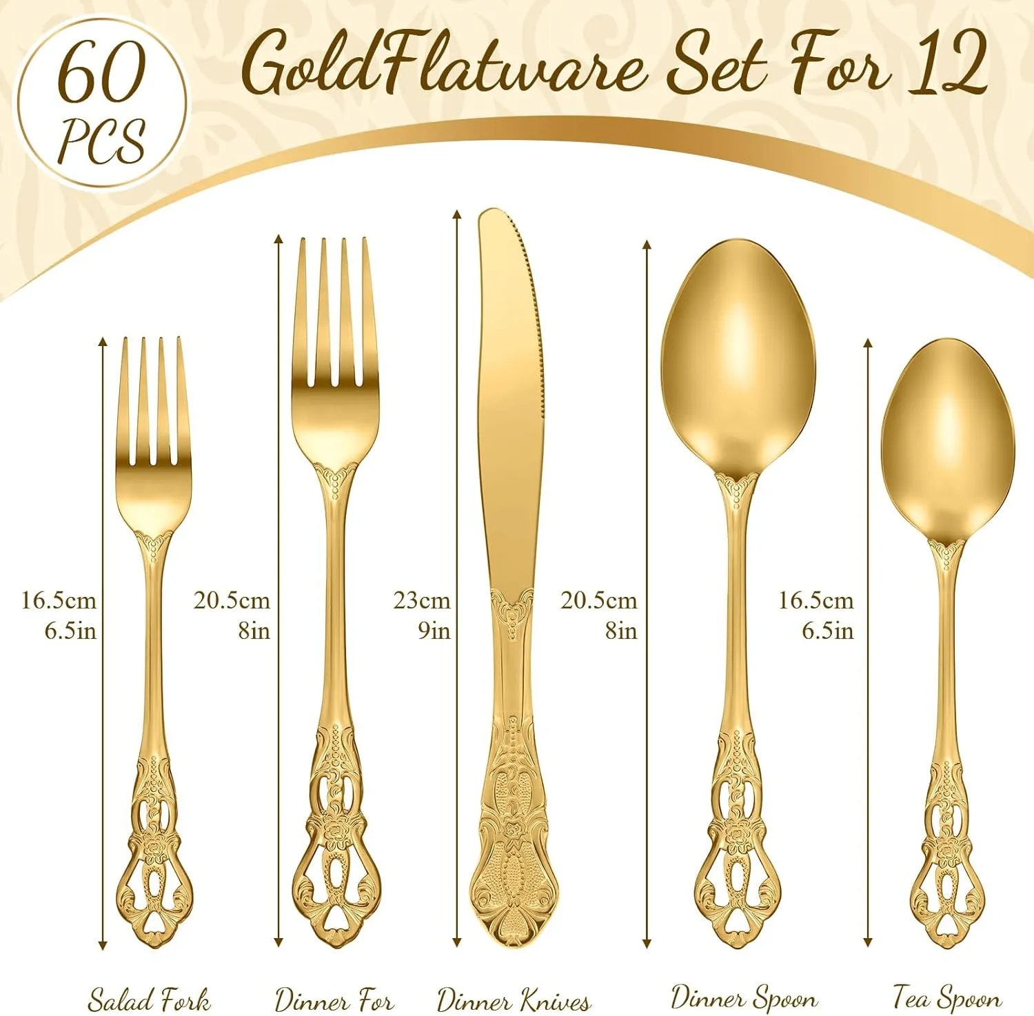 Dandat 60 Pcs Silverware Set Service for 12, Stainless Steel Retro Royal Flatware Tableware Cutlery Utensils Set Including Fork Spoon and Knife for Home Kitchen Restaurant Wedding(Gold)