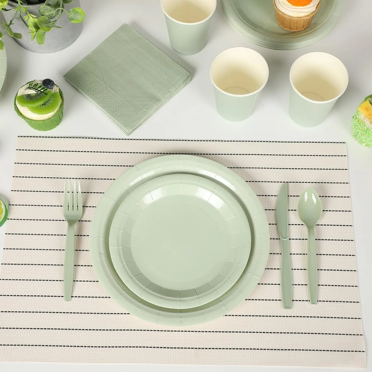 Dandat 700 Pcs Bridal Shower Decorations Baby Shower Party Supplies Include Plates Cups and Napkins Sets with Plastic Forks Knives Spoons for Wedding Birthday (Sage)