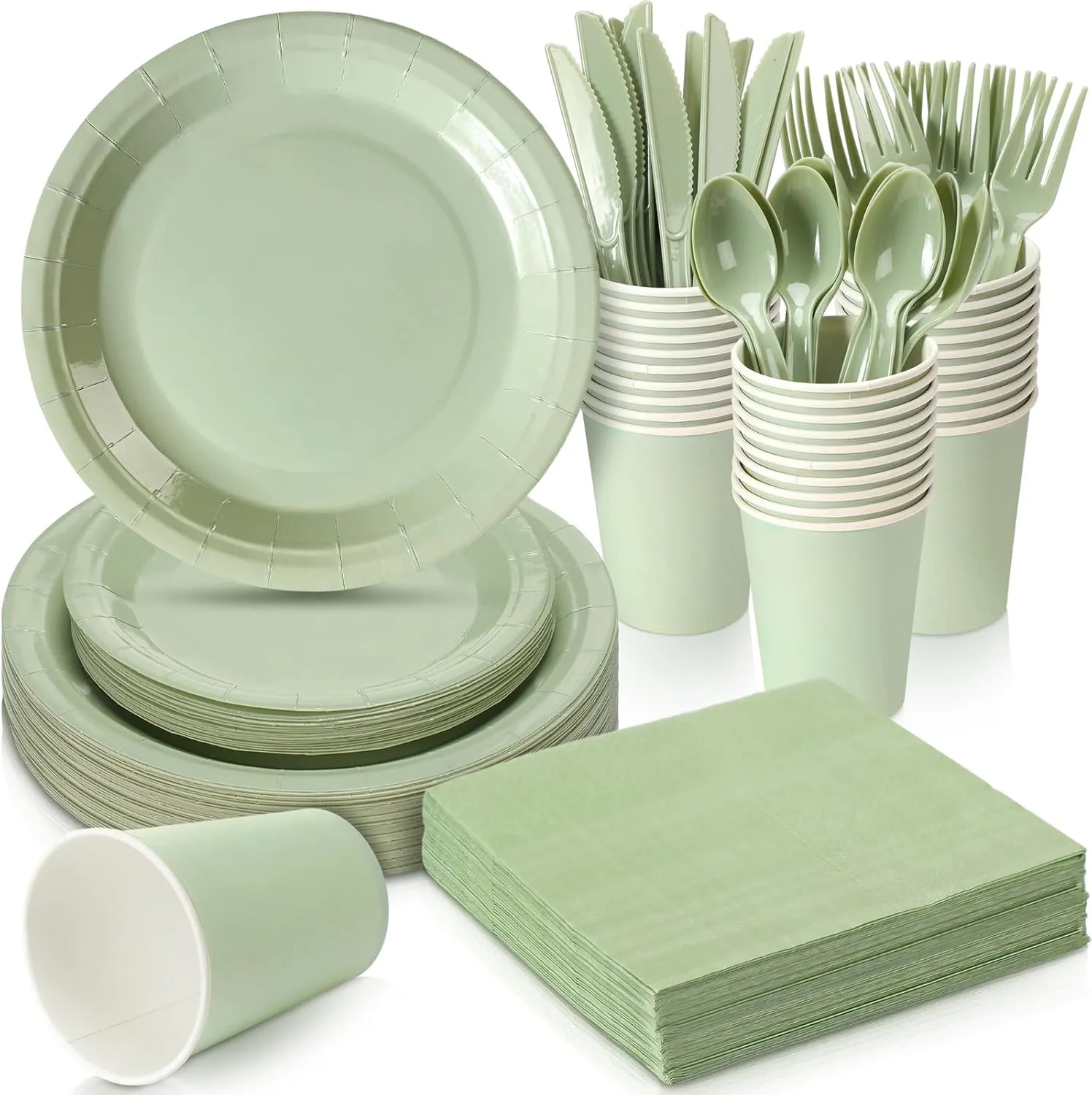 Dandat 700 Pcs Bridal Shower Decorations Baby Shower Party Supplies Include Plates Cups and Napkins Sets with Plastic Forks Knives Spoons for Wedding Birthday (Sage)