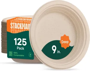 Deep Dish Paper Plates, Heavy Duty Disposable Dinner Plates [125-Pack] 9 Inch Plates - 100% Compostable Eco-Friendly, Biodegradable Sugarcane Bagasse, Natural Brown 9" Paper Plate Disposable