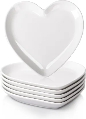 DELLING Heart Shaped Dessert Salad Plates- 6 Pack, 7.3 Inch Ceramic White Dinner Plates, Heart Dishes for Dessert, Appetizer, Steak, Snacks, Microwave & Oven Safe, Thanksgiving & Christmas Day Gifts