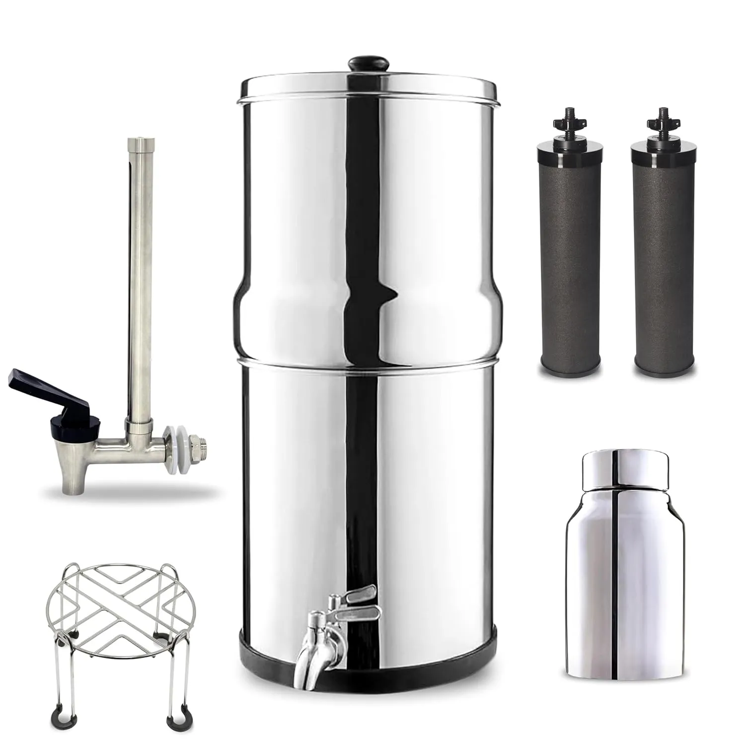Denali Spring-2.25G (8 Liters)- Stainless Steel Gravity-Fed Water Filtration System with 2 Black Filters, SS Tap, POSTreat Filters, Vision Tap and Stainless Steel Stand
