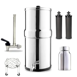Denali Spring-2.25G (8 Liters)- Stainless Steel Gravity-Fed Water Filtration System with 2 Black Filters, SS Tap, POSTreat Filters, Vision Tap and Stainless Steel Stand