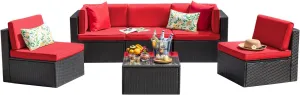 Devoko Patio Furniture Sets 6 Pieces Outdoor Sectional Rattan Sofa Manual Weaving Wicker Patio Conversation Set with Glass Table and Cushion (Red)