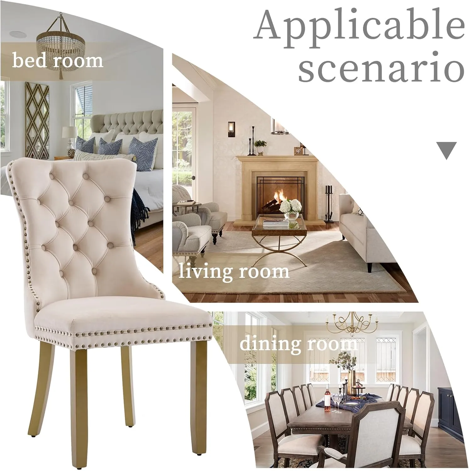 Dining Chairs Set of 2 Mid-Century Modern Chairs with Lion Head Pull Ring, Velvet Upholstered Dining Chair with Golden Wooden Legs Nailhead Trim for Kitchen Bedroom Dining Room (Beige)