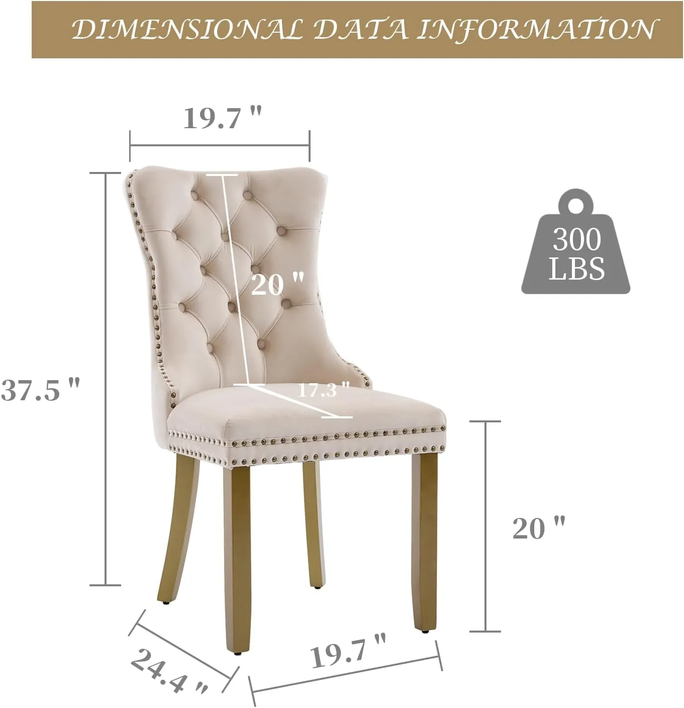 Dining Chairs Set of 2 Mid-Century Modern Chairs with Lion Head Pull Ring, Velvet Upholstered Dining Chair with Golden Wooden Legs Nailhead Trim for Kitchen Bedroom Dining Room (Beige)
