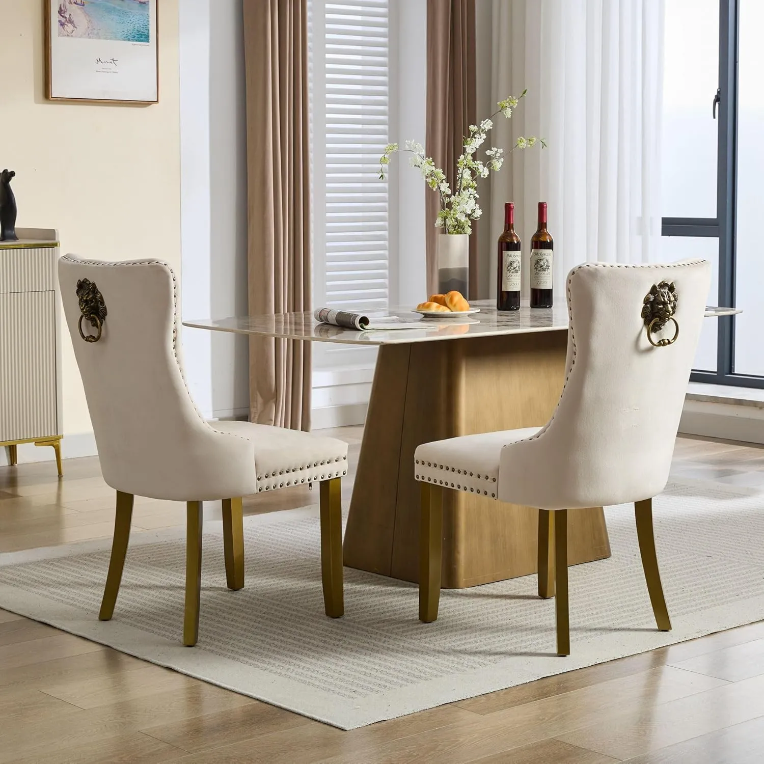Dining Chairs Set of 2 Mid-Century Modern Chairs with Lion Head Pull Ring, Velvet Upholstered Dining Chair with Golden Wooden Legs Nailhead Trim for Kitchen Bedroom Dining Room (Beige)