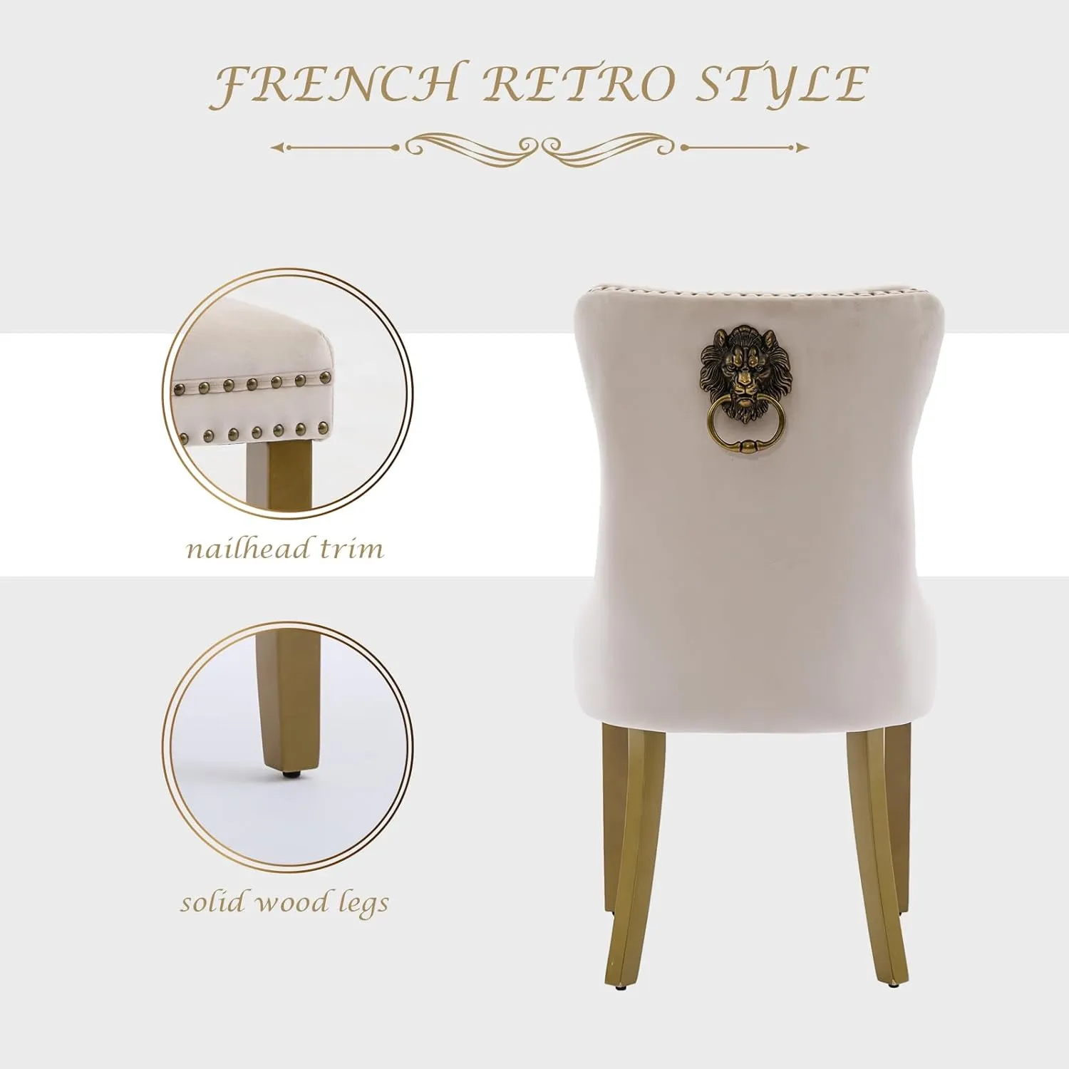 Dining Chairs Set of 2 Mid-Century Modern Chairs with Lion Head Pull Ring, Velvet Upholstered Dining Chair with Golden Wooden Legs Nailhead Trim for Kitchen Bedroom Dining Room (Beige)