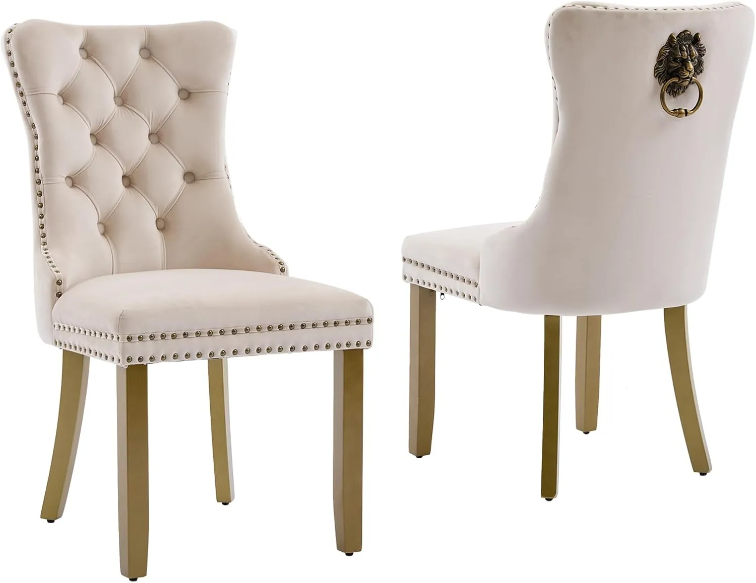 Dining Chairs Set of 2 Mid-Century Modern Chairs with Lion Head Pull Ring, Velvet Upholstered Dining Chair with Golden Wooden Legs Nailhead Trim for Kitchen Bedroom Dining Room (Beige)