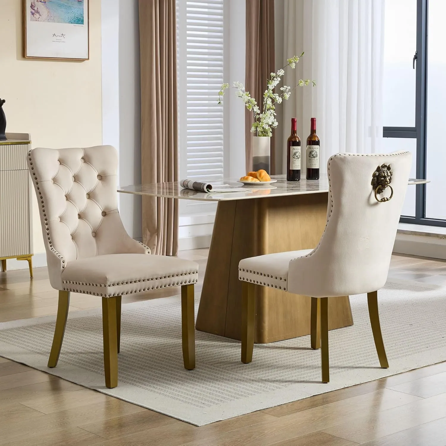 Dining Chairs Set of 2 Mid-Century Modern Chairs with Lion Head Pull Ring, Velvet Upholstered Dining Chair with Golden Wooden Legs Nailhead Trim for Kitchen Bedroom Dining Room (Beige)