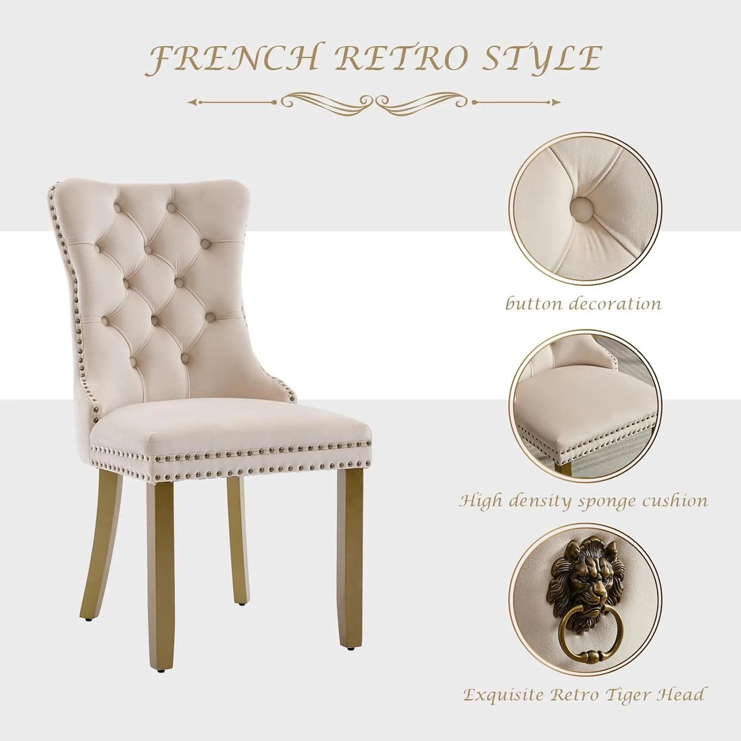 Dining Chairs Set of 2 Mid-Century Modern Chairs with Lion Head Pull Ring, Velvet Upholstered Dining Chair with Golden Wooden Legs Nailhead Trim for Kitchen Bedroom Dining Room (Beige)