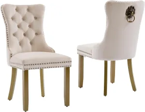 Dining Chairs Set of 2 Mid-Century Modern Chairs with Lion Head Pull Ring, Velvet Upholstered Dining Chair with Golden Wooden Legs Nailhead Trim for Kitchen Bedroom Dining Room (Beige)
